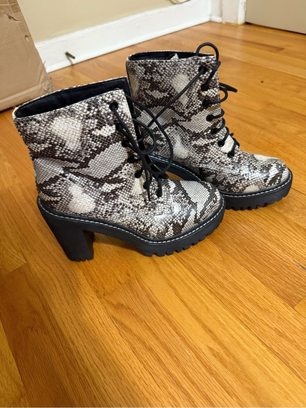 Women's Snake-Print Lace-Up Chunky Heel Boots - Black & White